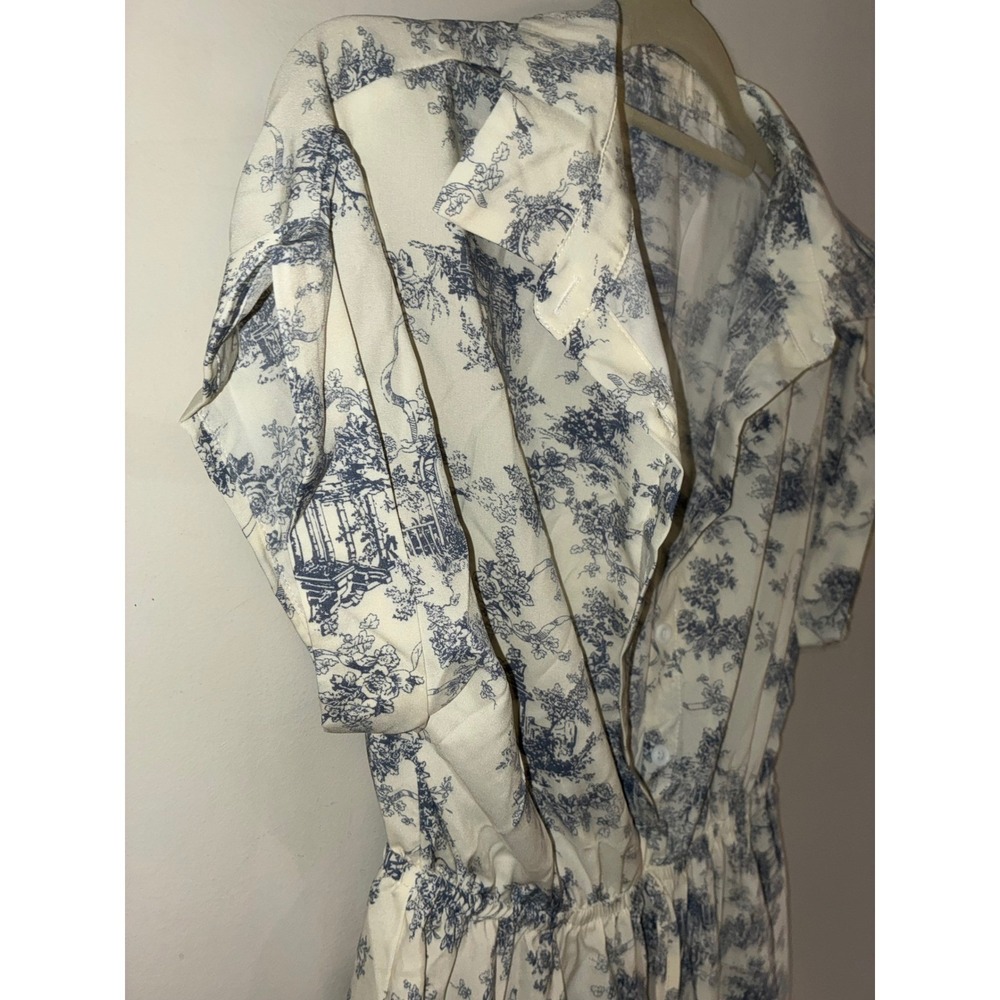 Romantic Shirt Dress Womens 6 M Blue White Toile Print Button Mini‎ Waist Tie - Picture 3 of 10